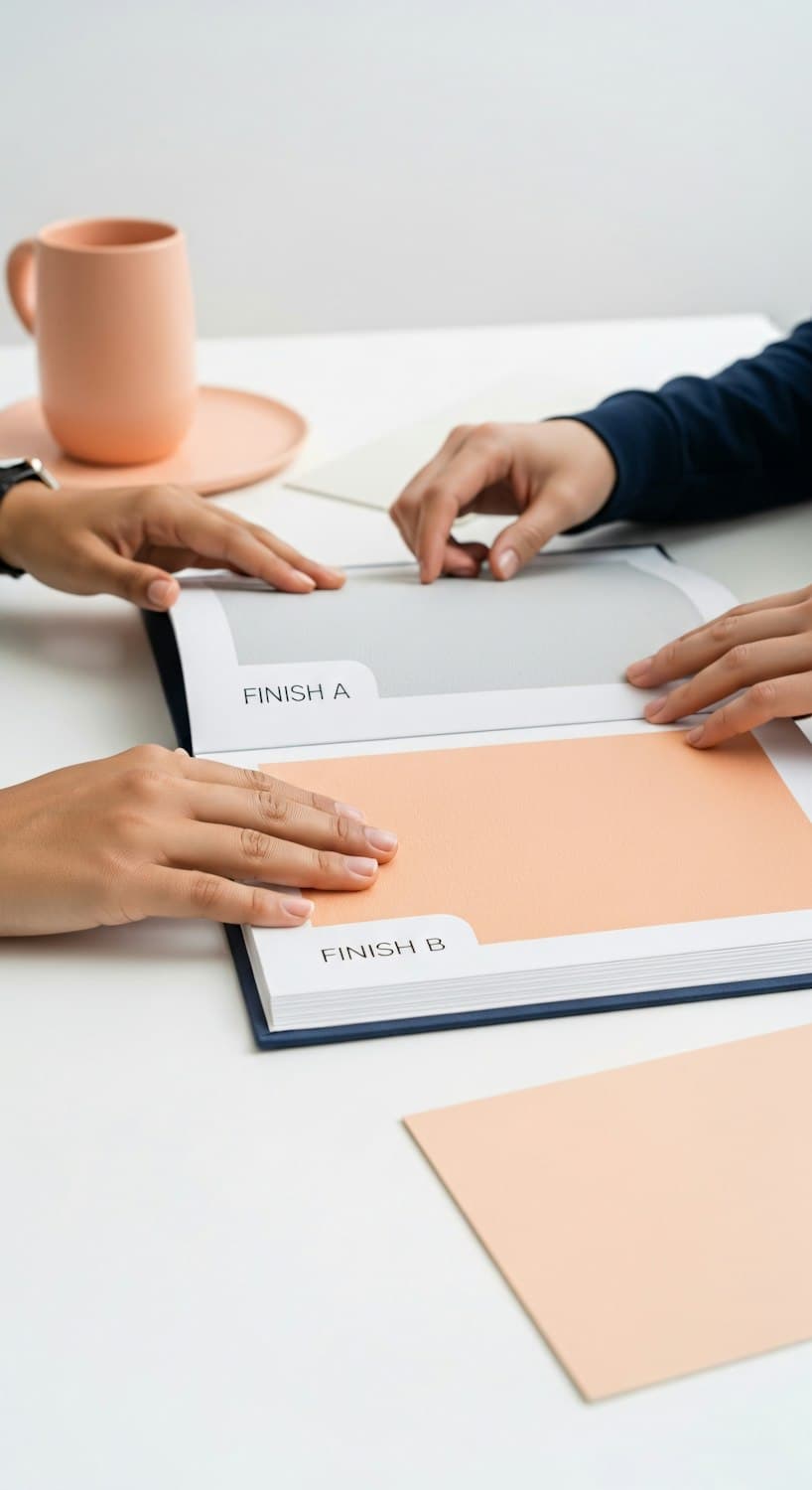 A designer and a client comparing two cabinet finish samples at a table