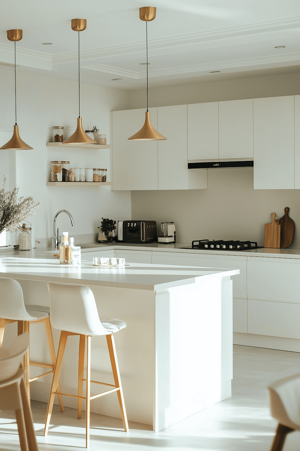 Bright kitchen with white cabinetry, an island with wooden stools and brass pendant lights