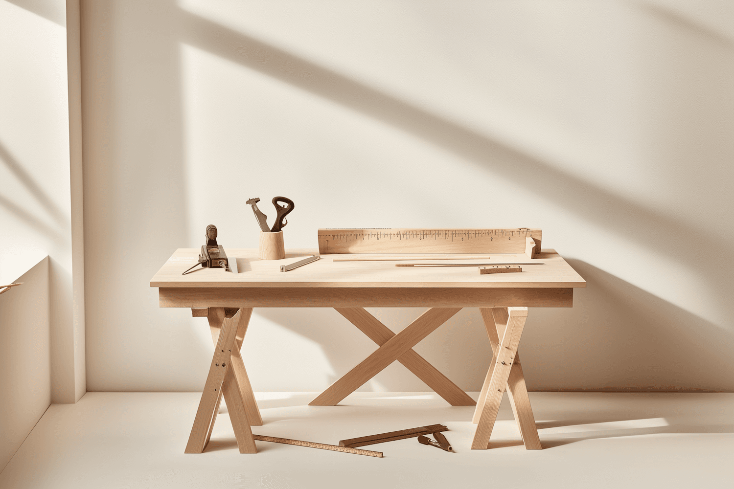 Woodworking bench with a hand plane, saw and measuring rule in soft daylight