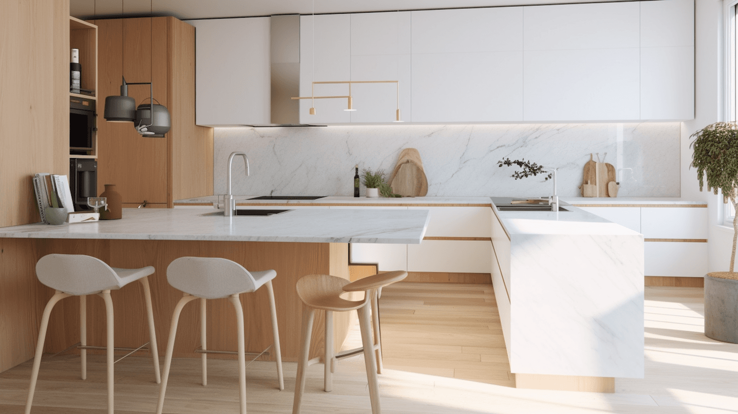 Open-plan kitchen with oak tall cabinets, white handleless wall units and a white marble waterfall peninsula with bar stools