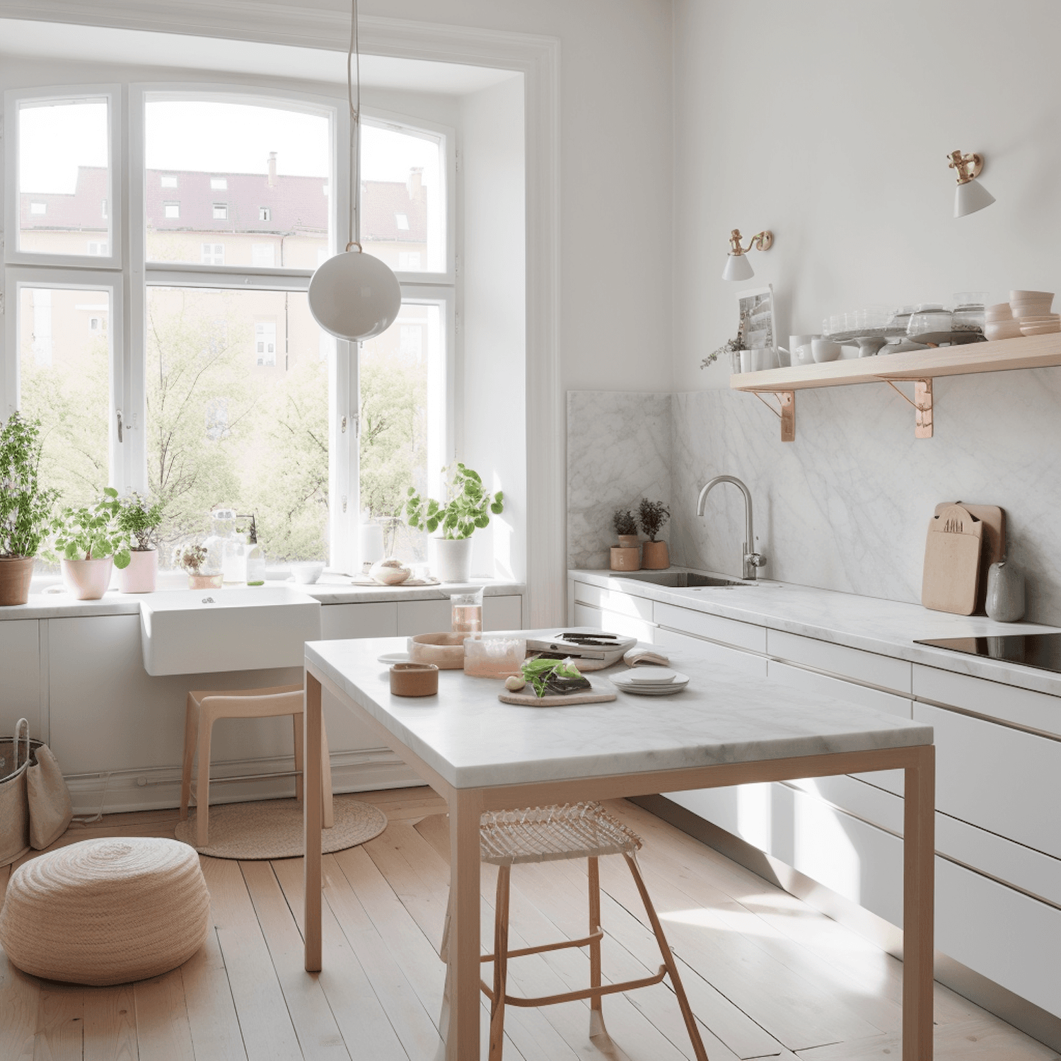 Scandinavian kitchen with white cabinets, marble countertops, an oak shelf and a farmhouse sink beneath a large window