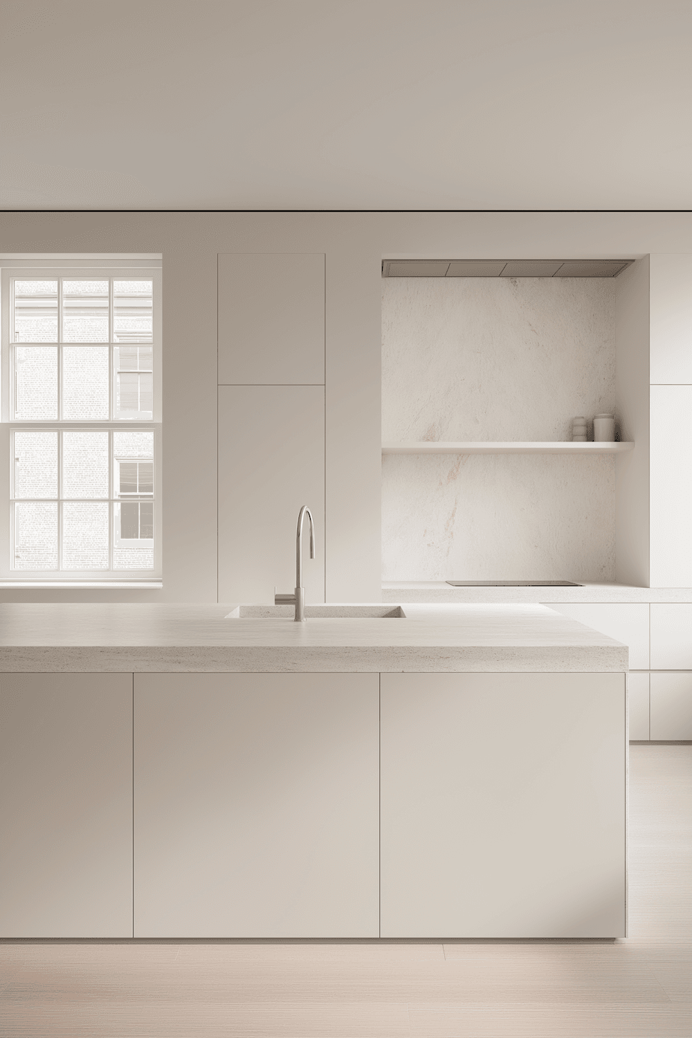 Minimal greige handleless kitchen with a stone island, integrated sink and a stone-lined shelf niche