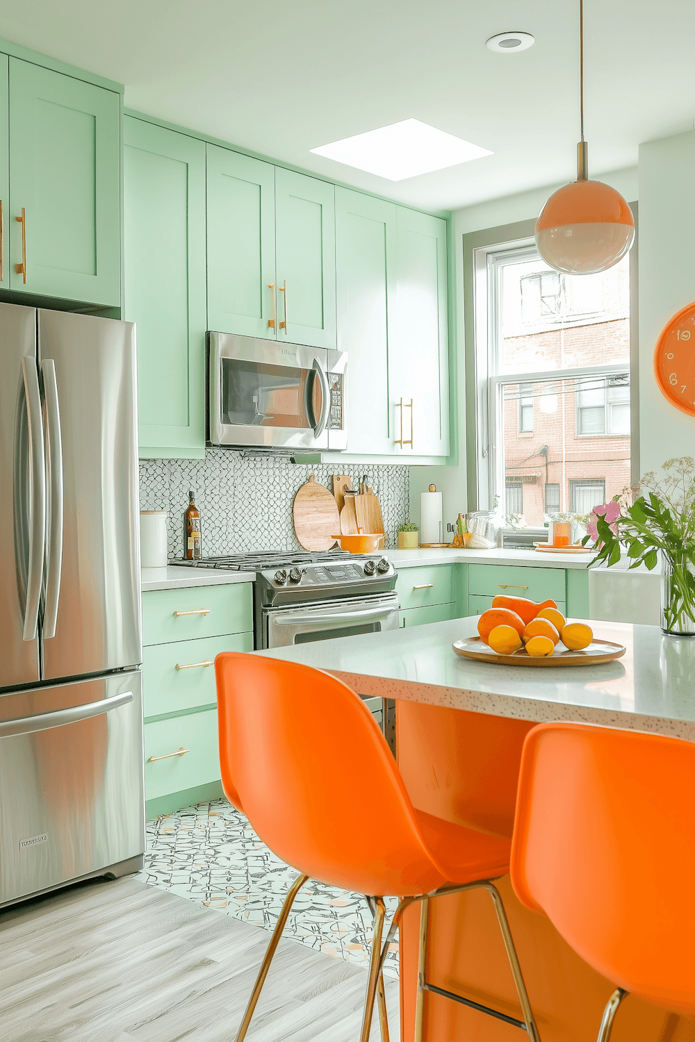 Sage-green Shaker kitchen with brass pulls, a speckled white island and orange bar stools