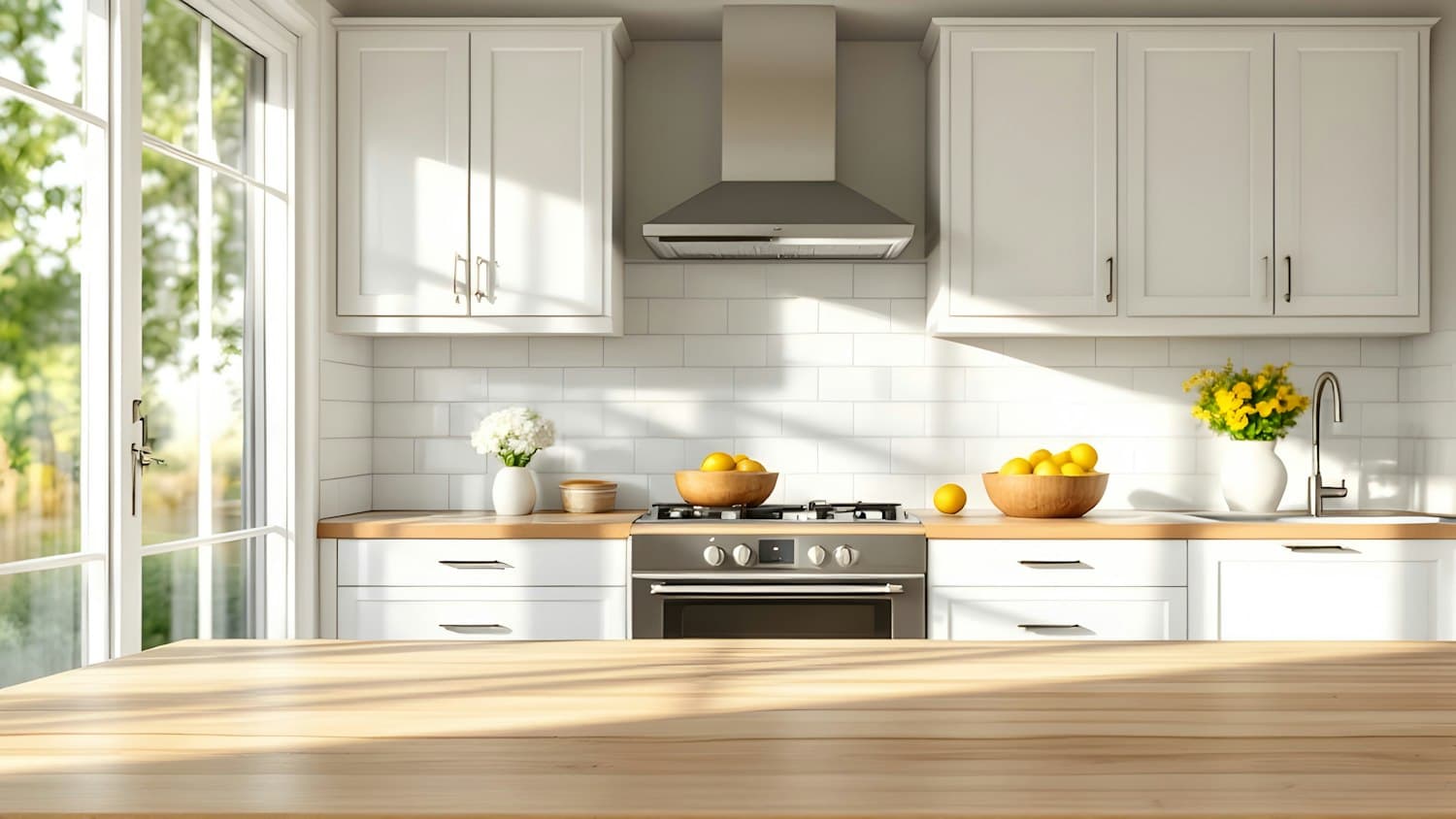 Farmhouse kitchen with white Shaker cabinets, butcher-block countertops, white subway tile and a stainless range