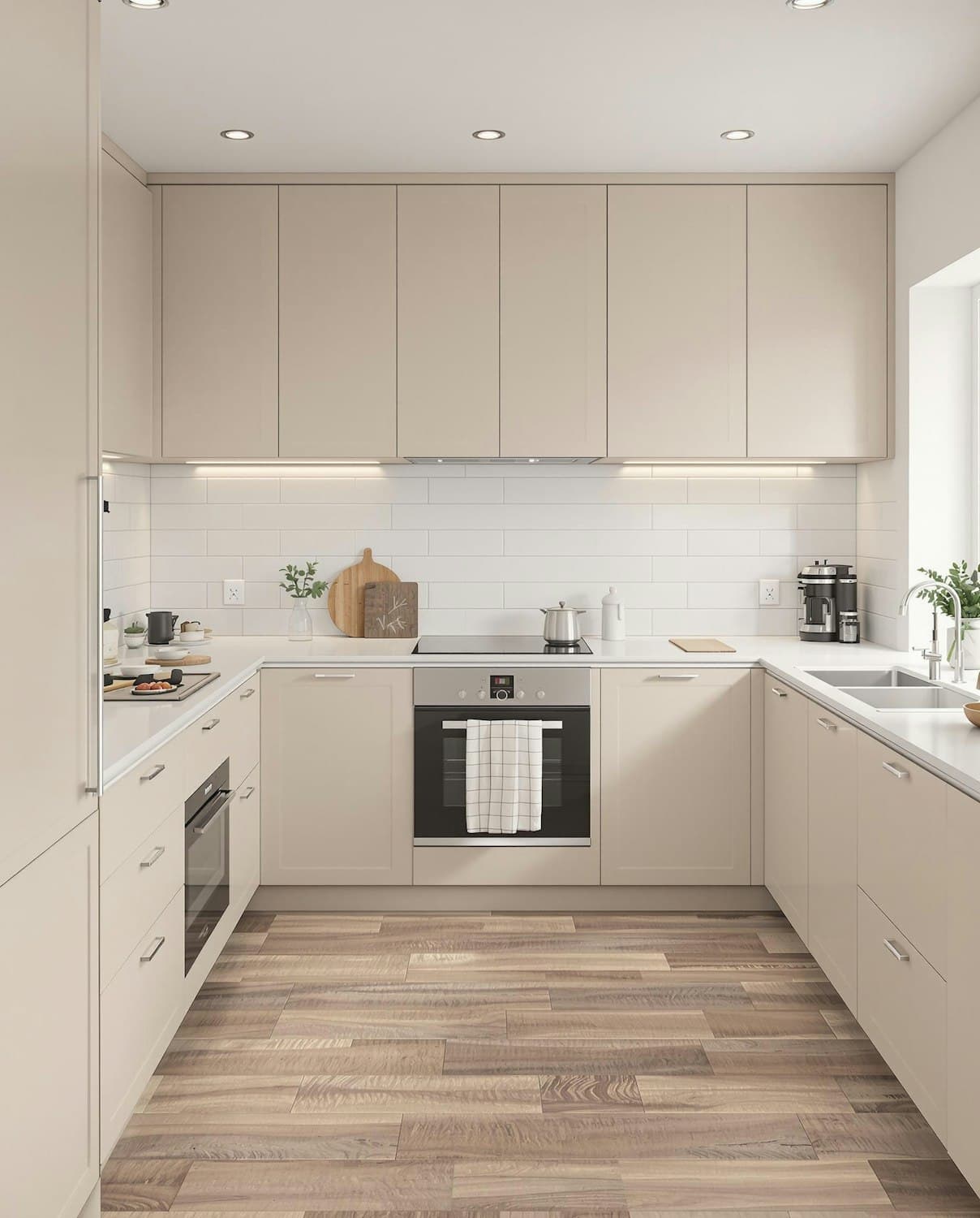 Compact U-shaped kitchen with cashmere Shaker cabinets, white quartz countertops and a white tile backsplash